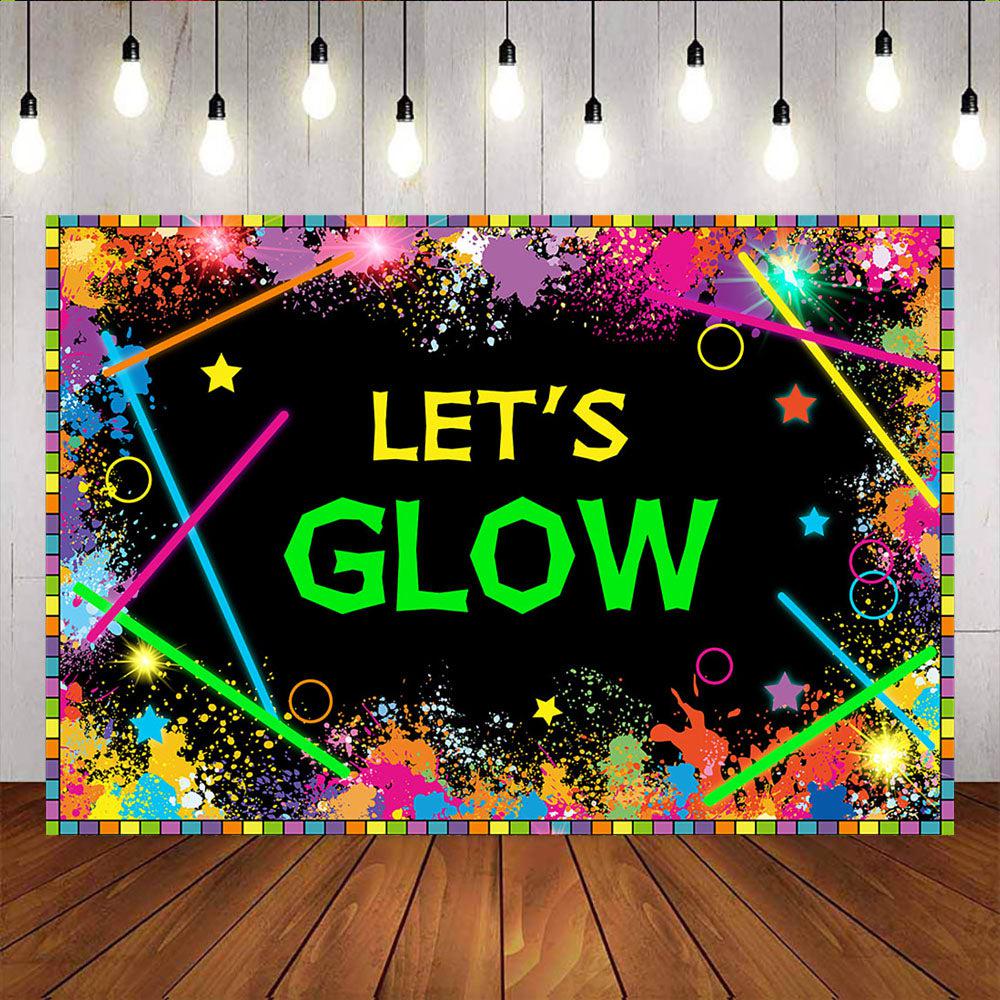 Glow Neon Birthday Backdrop - Glow in The Dark Let's Glow Banner