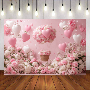 Mocsicka Pink Balloon and Flower Basket Valentine's Day Backdrop H