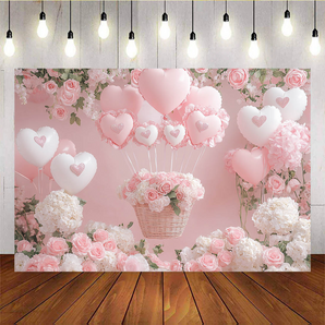 Mocsicka Pink Balloon and Flower Basket Valentine's Day Backdrop I