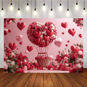 Mocsicka Red Balloon and Flower Basket Valentine's Day Backdrop A