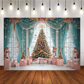 Mocsicka Pink Gift Box Blue Curtain Christmas Background