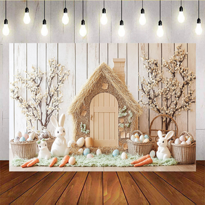 Mocsicka Easter Wooden Door House Bunny and Eggs Backdrop