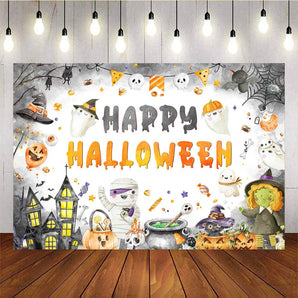 Mocsicka Cartoon Pumpkin Ghost Happy Halloween Backdrop