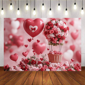 Mocsicka Red Balloon and Flower Basket Valentine's Day Backdrop D