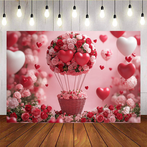 Mocsicka Red Balloon and Flower Basket Valentine's Day Backdrop E