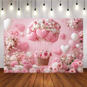 Mocsicka Pink Balloon and Flower Basket Valentine's Day Backdrop J