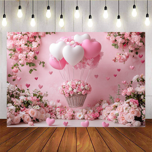 Mocsicka Pink Balloon and Flower Basket Valentine's Day Backdrop K