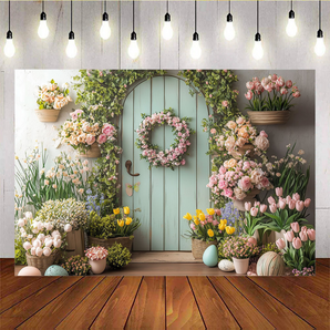 Mocsicka Green Wooden Door and Beautiful Flowers In Spring Backdrop