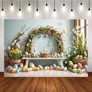 Mocsicka Colorful Eggs And Cute Bunnies, Beautiful Flowers Easter Photo Backdrop