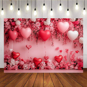 Mocsicka Happy Valentine's Day Pink Balloon And Flowers Girly C Backdrop