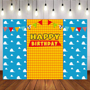 Mocsicka Blue Sky White Clouds Yellow Grids Happy Birthday Party Backdrop