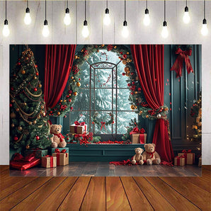 Mocsicka Red Curtain Bow Bear Christmas Background