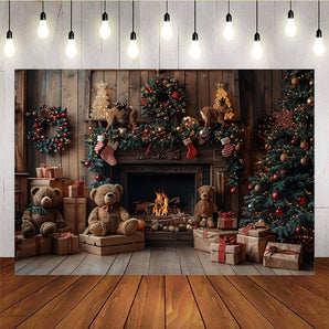 Mocsicka Christmas Wreath Bear Fireplace Gift Box Background