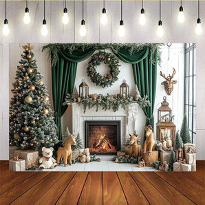 Mocsicka Green Curtains Christmas Tree Fireplace Background