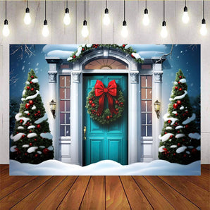 Mocsicka Christmas Snow Scene Blue Door Background