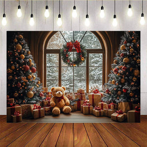 Mocsicka Christmas Tree Bear Gift Wreath Background