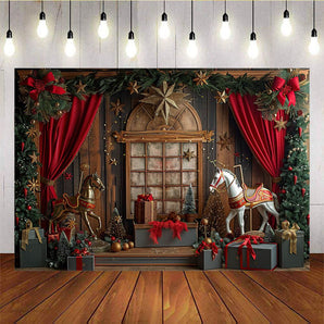 Mocsicka White Wooden Horse Five-Pointed Star Red Curtain Christmas Background