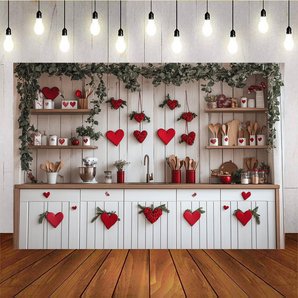 Mocsicka Valentine's Day Kitchen Red Heart Decorations Backdrop A