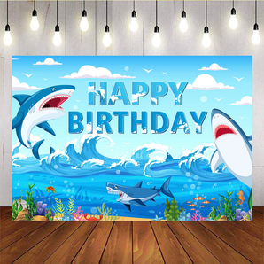 Mocsicka Summer Ocean Waves Shark And Beach Happy Birthday Backdrop