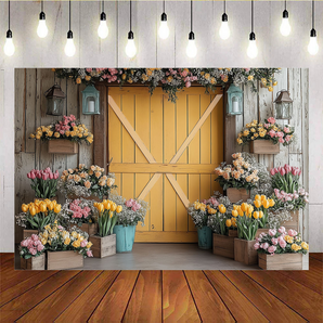 Mocsicka Spring Beautiful Tulips and Yellow Wooden Door Backdrop II