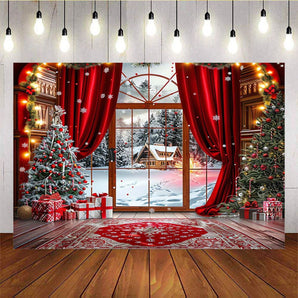 Mocsicka Red Christmas Tree Snow Scene Background