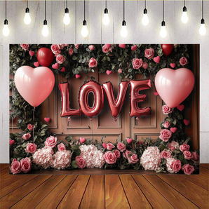 Mocsicka Valentine's Day Love Balloons And Romantic Flowers Backdrop F