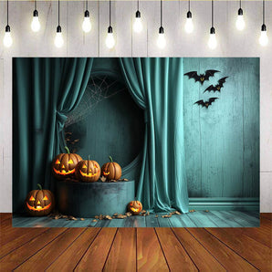 Mocsicka Blue Pumpkin Bat Theme Halloween Backdrop