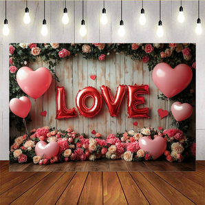 Mocsicka Valentine's Day Love Balloons And Romantic Flowers Backdrop G