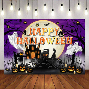 Mocsicka Purple Ghost Castle Happy Halloween Backdrop