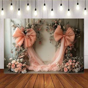 Mocsicka Romantic Gauze Bow and Beautiful Flowers Backdrop