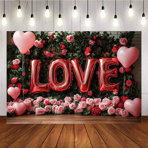 Mocsicka Valentine's Day Love Balloons And Romantic Flowers Backdrop H