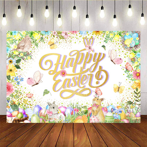 Mocsicka Happy Easter Flowers Butterflies And Rabbits Photo Backdrop