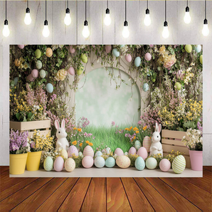 Mocsicka Easter Bunny Eggs and Flowers Backdrop