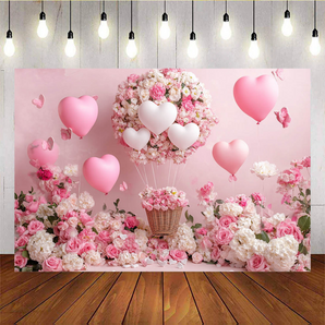 Mocsicka Pink Balloon and Flower Basket Valentine's Day Backdrop A