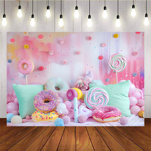 Mocsicka Sweet Donut And Colorful Pillow Theme Birthday Backdrop D