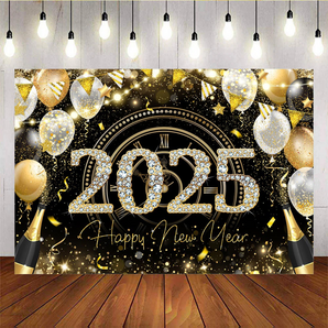 Mocsicka Happy New Year 2025 Balloons and Clock Backdrop