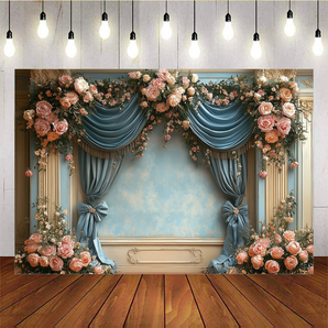 Mocsicka Spring Romantic Retro Blue Curtain Bow Rose Blue Wall Photo Backdrop