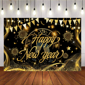 Mocsicka Happy New Year Golden Flag Backdrop