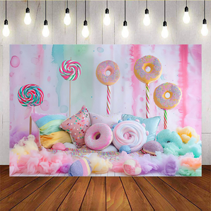 Mocsicka Sweet Donut And Colorful Pillow Theme Birthday Backdrop E