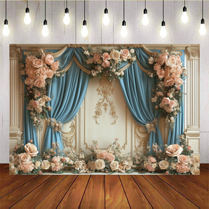 Mocsicka Spring Romantic Retro Blue Curtain Bow Rose White Wall Photo Backdrop