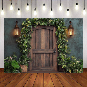 Mocsicka Spring Wooden Door with Green Leaves and Wall Lights Photo Backdrop