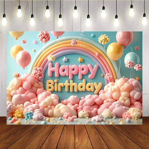 Mocsicka Romantic Rainbow Marshmallow Balloons Happy Birthday Backdrop