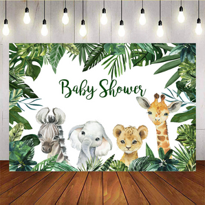 [Only Ship To U.S] Mocsicka Safari Baby Shower Backdrop Plam Leaves Little Animals Background