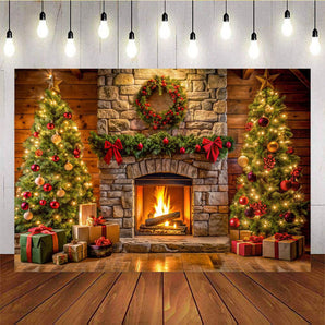 Mocsicka Christmas Tree Garland Fire Place Background