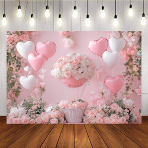 Mocsicka Pink Balloon and Flower Basket Valentine's Day Backdrop B