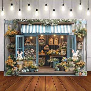 Mocsicka Easter Bunny Flowers Eggs Store Photo Backdrop