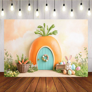 Mocsicka Easter Orange Carrot House and Cute Bunny Backdrop