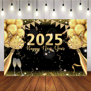 Mocsicka Happy New Year With Golden Champagne Balloons Backdrop