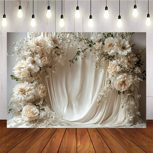 Mocsicka Spring White Flowers and White Curtains Photo Backdrop