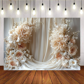 Mocsicka Spring White Flowers and White Curtains Photo A Backdrop